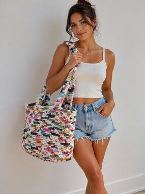Handmade Crochet Woven Recycled Plastic Colorful Large Tote Bag